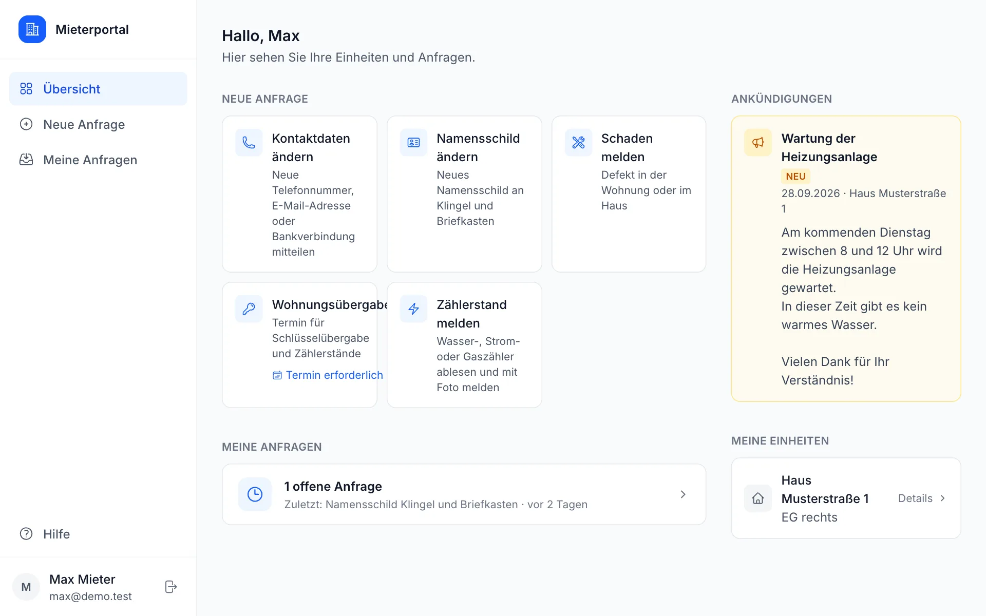 Startseite des Mieterportals: Dienste wählen, Ankündigungen und eigene Anfragen